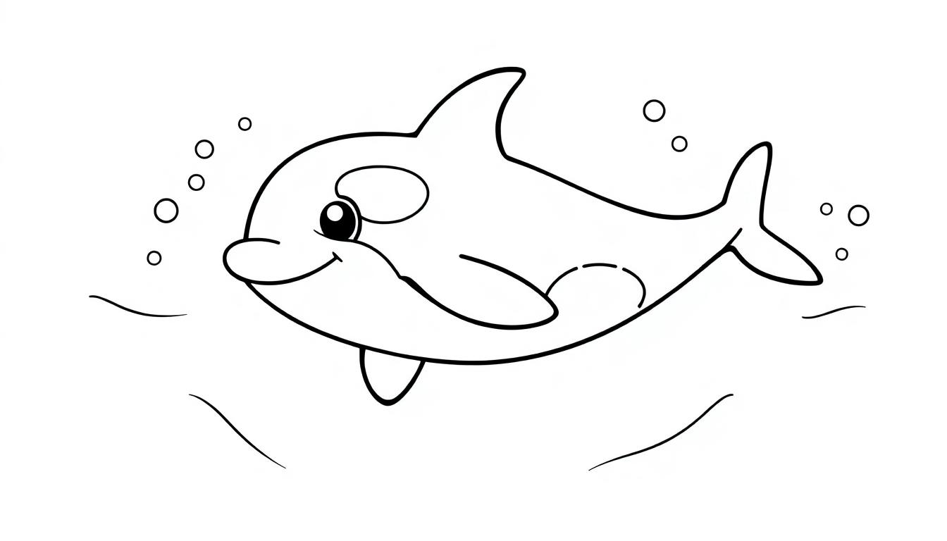 Schwarz-weiße Ausmalvorlage: Ein niedlicher Orca schwimmt fröhlich durch das Meer, umgeben von sprudelndem Wasser und kleinen Wellen, eine Farbtafel für Kinder.