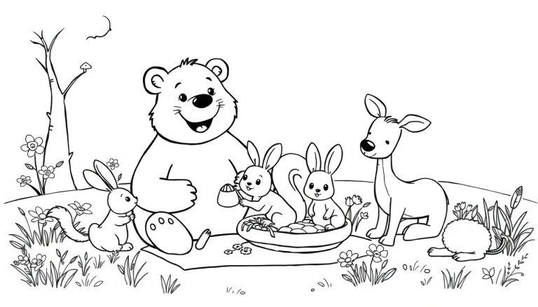 Schwarz-weiß Farbtafel: Ein großer Bär lächelt auf einer Picknickdecke, umgeben von Kaninchen und einem Eichhörnchen mit einem Honigtopf, während ein Reh zusieht.
