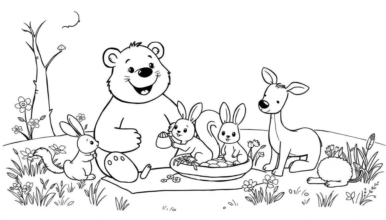 Schwarz-weiß Farbtafel: Ein großer Bär lächelt auf einer Picknickdecke, umgeben von Kaninchen und einem Eichhörnchen mit einem Honigtopf, während ein Reh zusieht.