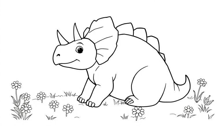 Eine Farbtafel eines freundlichen Triceratops, der auf einer Blumenwiese sitzt.