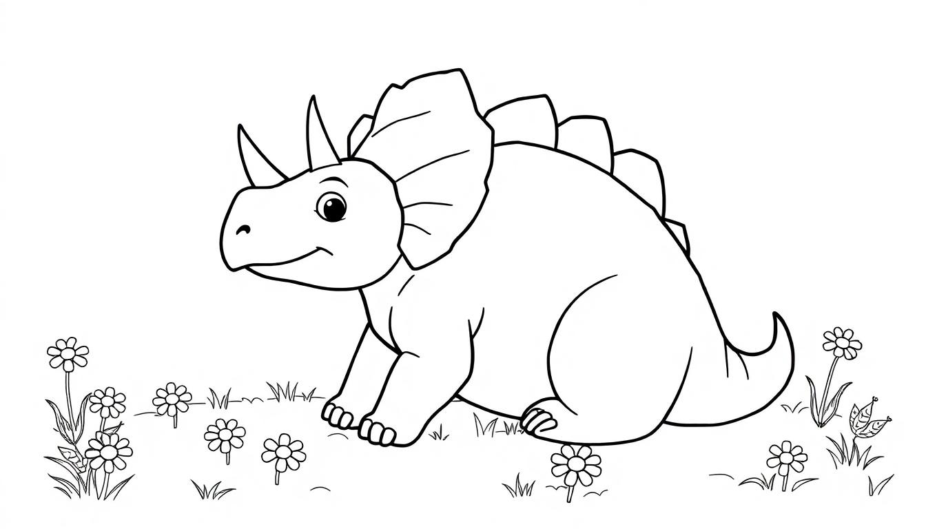 Eine Farbtafel eines freundlichen Triceratops, der auf einer Blumenwiese sitzt.