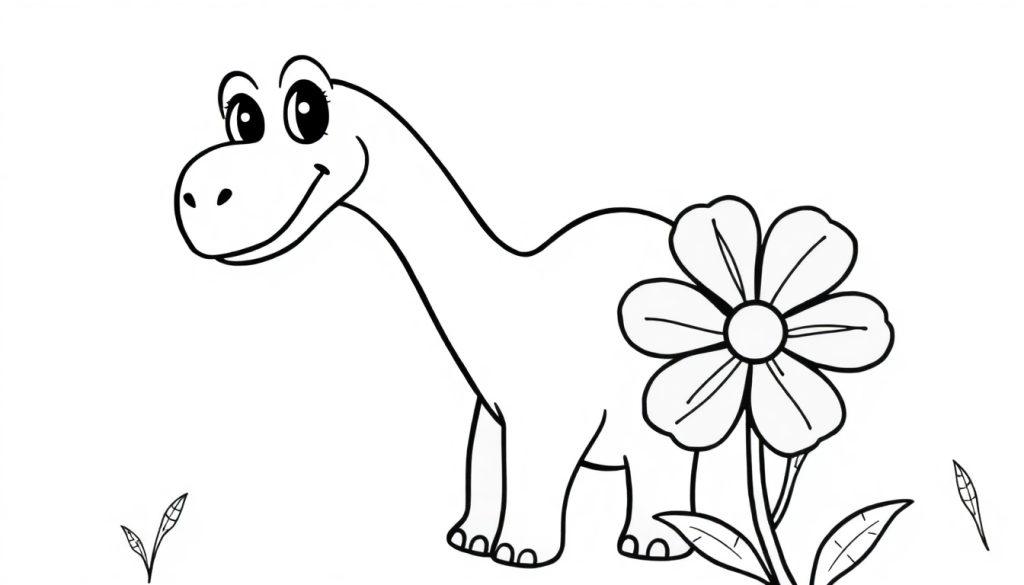Schwarz-weiß Farbtafel: Ein freundlicher Brachiosaurus mit langem Hals blickt neugierig auf eine Blume.