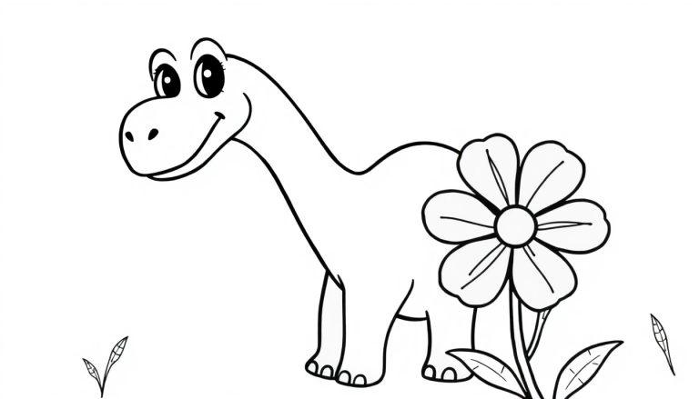 Schwarz-weiß Farbtafel: Ein freundlicher Brachiosaurus mit langem Hals blickt neugierig auf eine Blume.