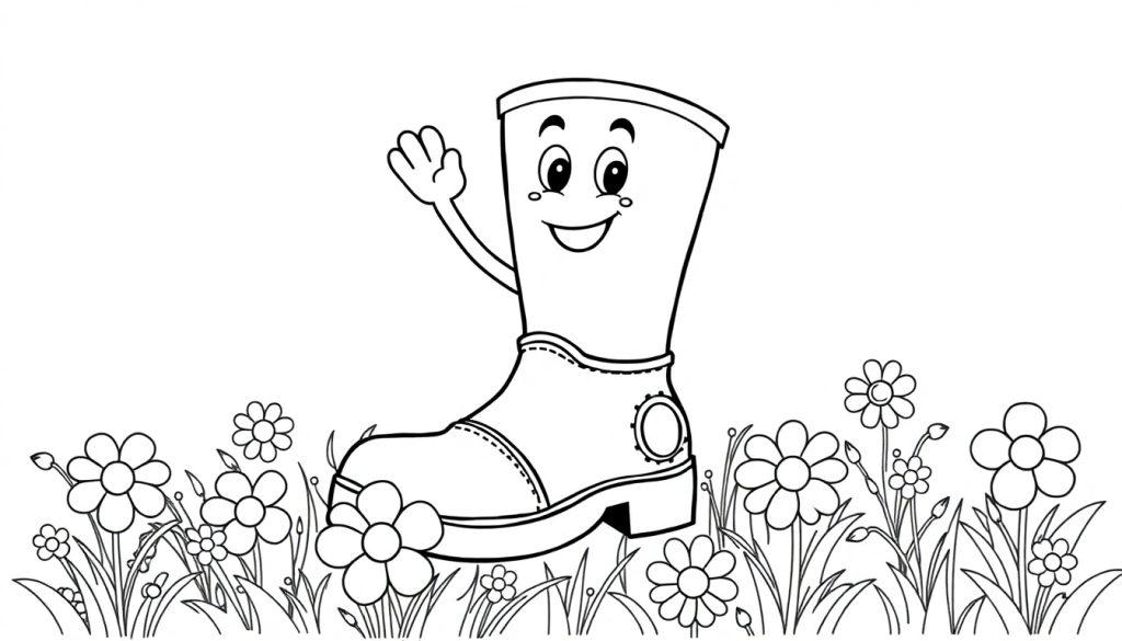 Eine bunte Farbtafel: Ein fröhlicher Cartoon-Stiefel winkt auf einer Blumenwiese.