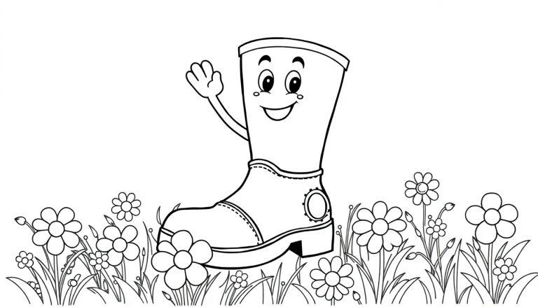 Eine bunte Farbtafel: Ein fröhlicher Cartoon-Stiefel winkt auf einer Blumenwiese.