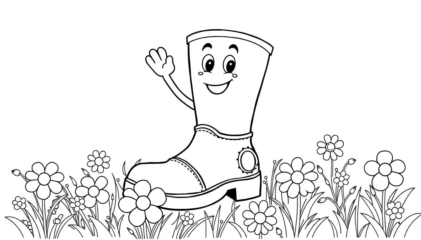 Eine bunte Farbtafel: Ein fröhlicher Cartoon-Stiefel winkt auf einer Blumenwiese.