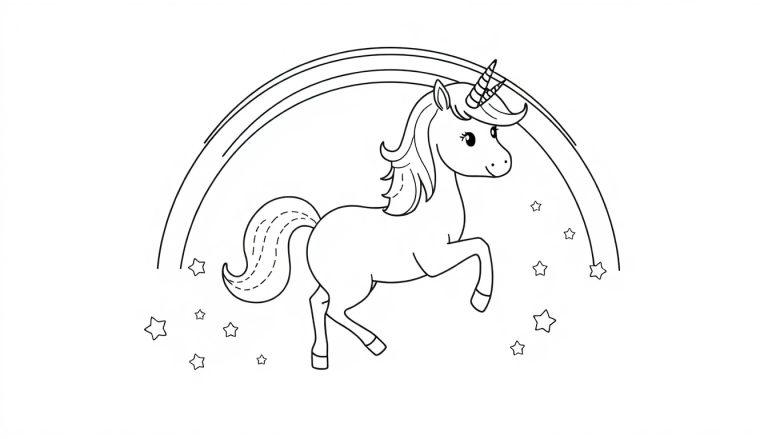 Schwarz-weiße Farbtafel eines Einhorns vor einem Regenbogen mit Sternen, bereit zum Ausmalen.