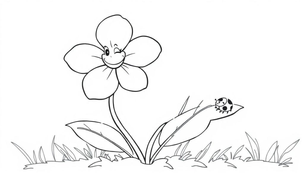 Schwarz-weiße Farbtafel einer schelmischen Cartoon-Blume mit einem Marienkäfer auf einem Blatt.