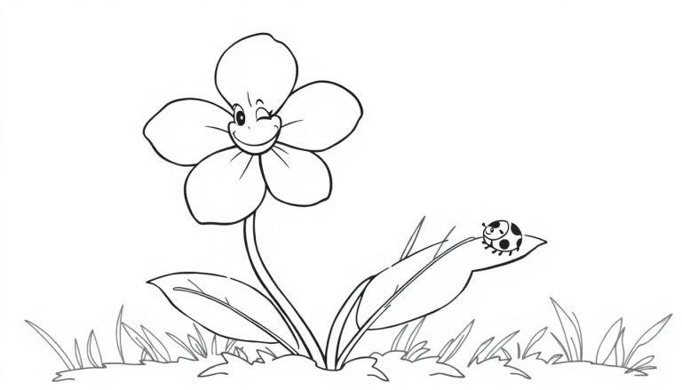 Schwarz-weiße Farbtafel einer schelmischen Cartoon-Blume mit einem Marienkäfer auf einem Blatt.