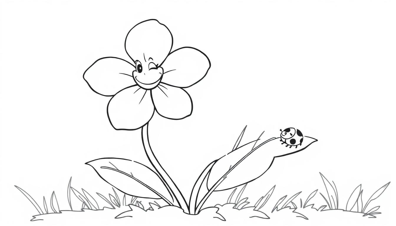 Schwarz-weiße Farbtafel einer schelmischen Cartoon-Blume mit einem Marienkäfer auf einem Blatt.