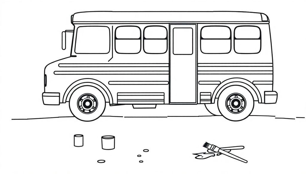 Schwarz-Weiß-Farbtafel eines Schulbusses mit Farbeimern und Pinseln.