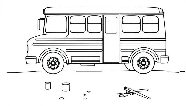 Schwarz-Weiß-Farbtafel eines Schulbusses mit Farbeimern und Pinseln.