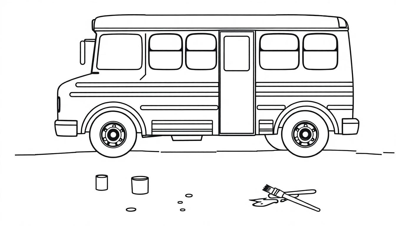 Schwarz-Weiß-Farbtafel eines Schulbusses mit Farbeimern und Pinseln.