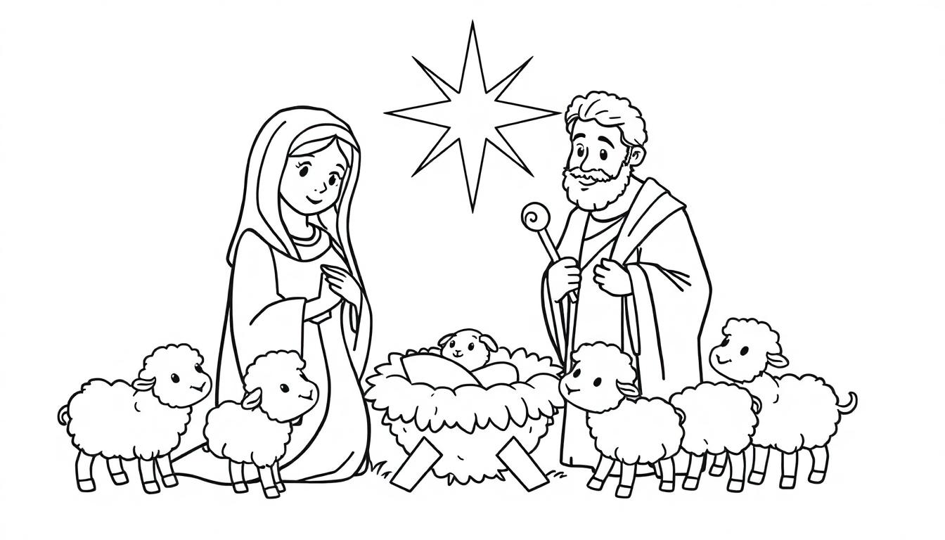 Weihnachtsgeschichte im Cartoon-Stil mit Maria, Josef und Jesuskind in einer Krippe unter einem Stern.