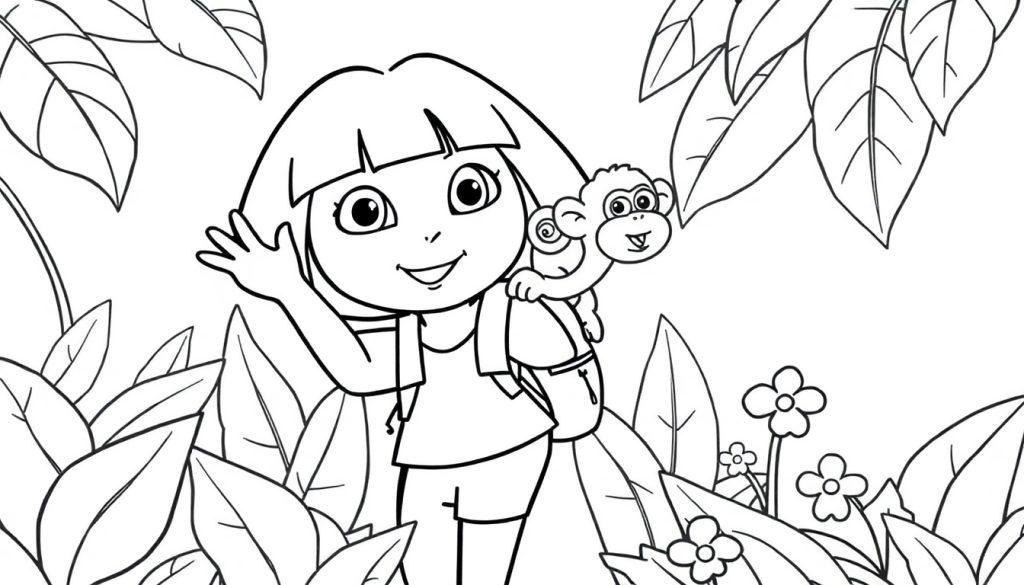 Dora the Explorer und Boots als Schwarz-Weiß-Farbtafel im Dschungel.