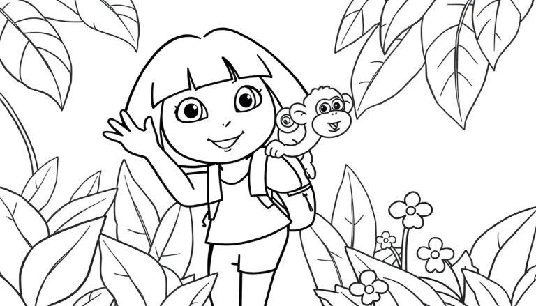 Dora the Explorer und Boots als Schwarz-Weiß-Farbtafel im Dschungel.