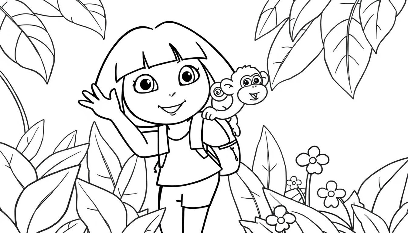 Dora the Explorer und Boots als Schwarz-Weiß-Farbtafel im Dschungel.