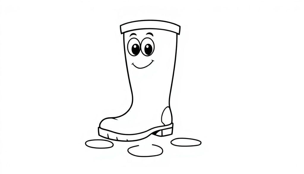 Ein freundlicher Gummistiefel mit Gesicht und drei Fußabdrücken, bereit zum Ausmalen. Farbtafel.