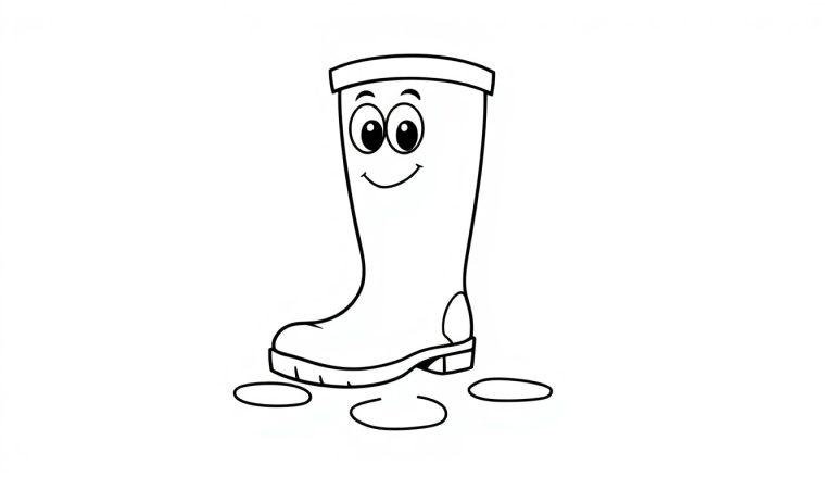 Ein freundlicher Gummistiefel mit Gesicht und drei Fußabdrücken, bereit zum Ausmalen. Farbtafel.