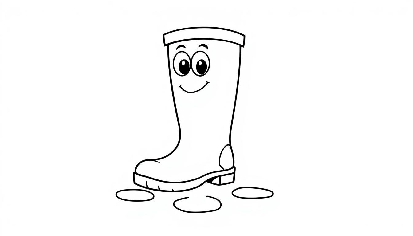 Ein freundlicher Gummistiefel mit Gesicht und drei Fußabdrücken, bereit zum Ausmalen. Farbtafel.