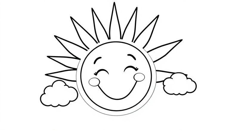 Eine lächelnde Sonne mit Strahlen und Wolken, eine Schwarz-Weiß-Farbtafel für Kinder.
