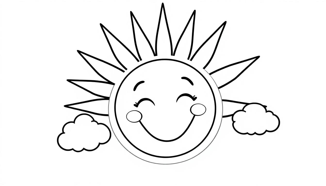 Eine lächelnde Sonne mit Strahlen und Wolken, eine Schwarz-Weiß-Farbtafel für Kinder.