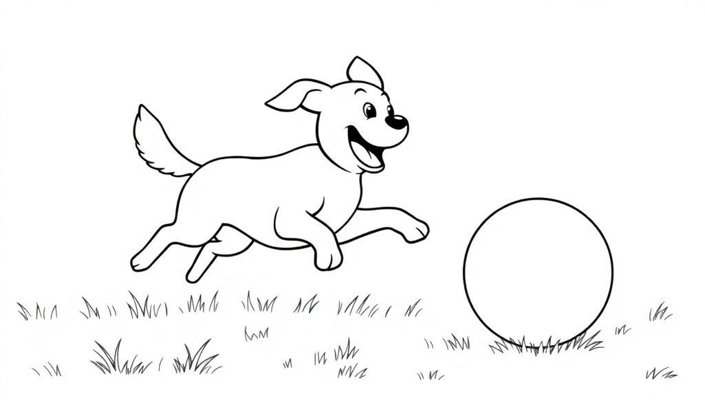 Schwarz-weiße Farbtafelzeichnung eines fröhlichen Hundes, der einem Ball im Gras nachjagt.