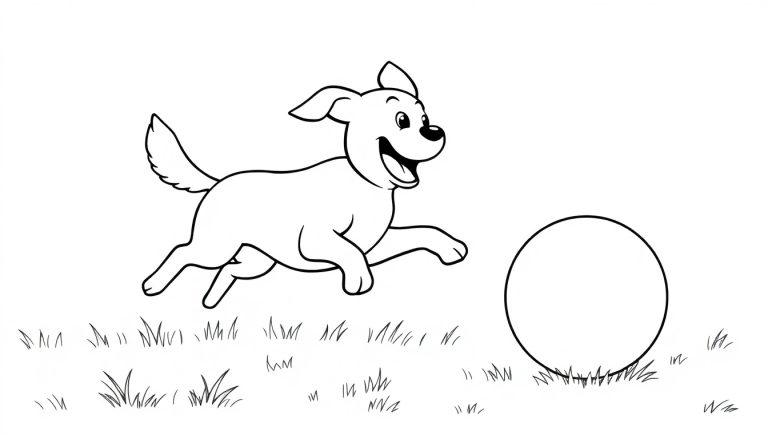 Schwarz-weiße Farbtafelzeichnung eines fröhlichen Hundes, der einem Ball im Gras nachjagt.