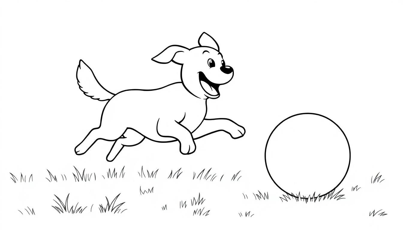 Schwarz-weiße Farbtafelzeichnung eines fröhlichen Hundes, der einem Ball im Gras nachjagt.