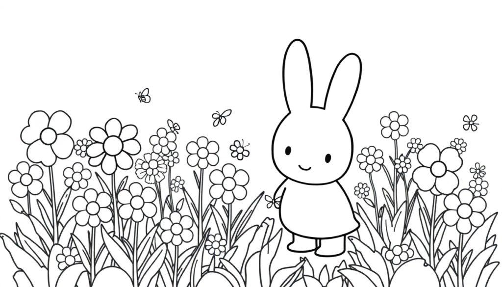 Eine niedliche, schwarz-weiße Farbtafel von Miffy in einer Blumenwiese mit Schmetterlingen.