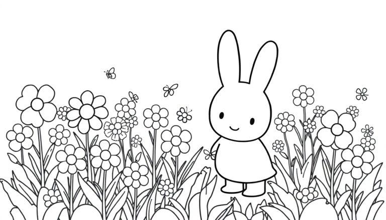 Eine niedliche, schwarz-weiße Farbtafel von Miffy in einer Blumenwiese mit Schmetterlingen.