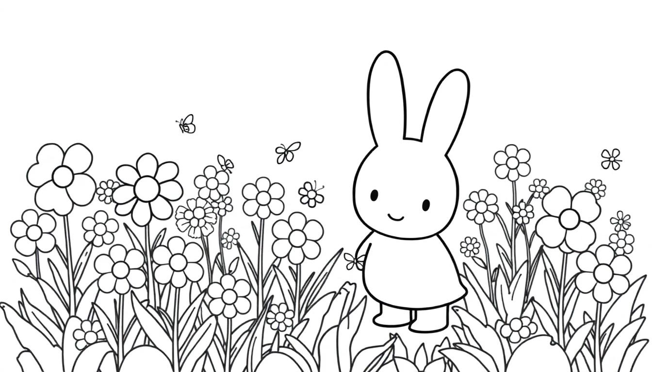 Eine niedliche, schwarz-weiße Farbtafel von Miffy in einer Blumenwiese mit Schmetterlingen.