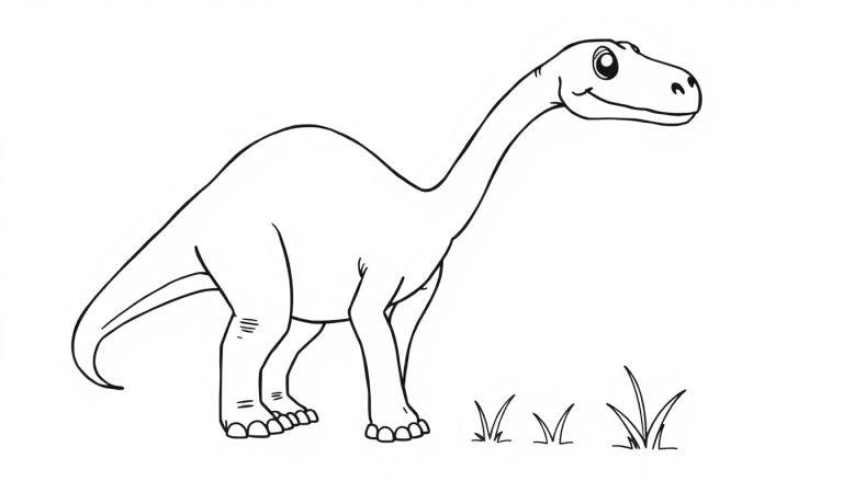 Eine freundliche Schwarz-Weiß-Farbtafel eines Dinosauriers, der neugierig in die Ferne schaut.