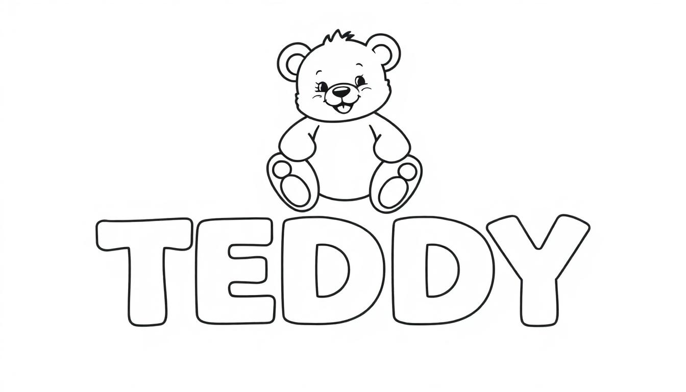 Farbtafel: Schwarz-weißer Teddybär sitzt auf dem Wort TEDDY.