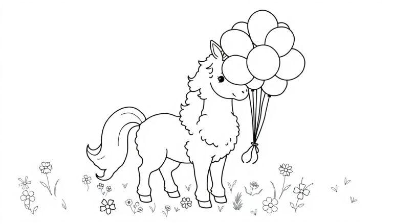 Eine Schwarz-Weiß-Farbtafel eines niedlichen Einhorns, das viele bunte Ballons hält, während es in einer Blumenwiese steht.
