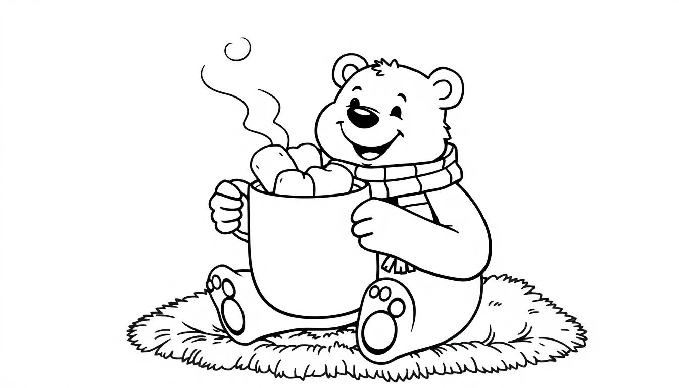 Ein Cartoon-Bär mit Schal trinkt heiße Schokolade.