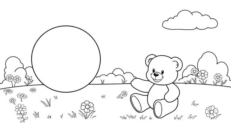 Schwarz-weiße Farbtafel eines Teddybären, der auf einer Blumenwiese sitzt, mit einem großen Kreis links für ein weiteres Element.