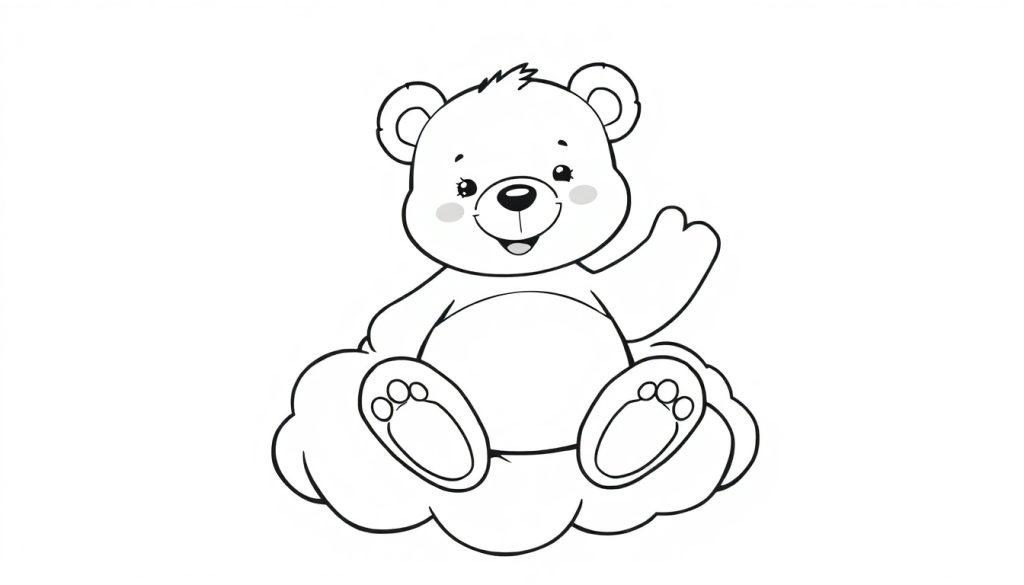 Schwarz-weiße Farbtafel eines niedlichen Comic-Teddybären, der auf einer Wolke sitzt und mit ausgestreckten Beinen winkt.