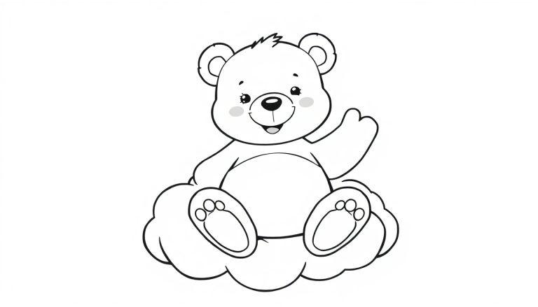 Schwarz-weiße Farbtafel eines niedlichen Comic-Teddybären, der auf einer Wolke sitzt und mit ausgestreckten Beinen winkt.