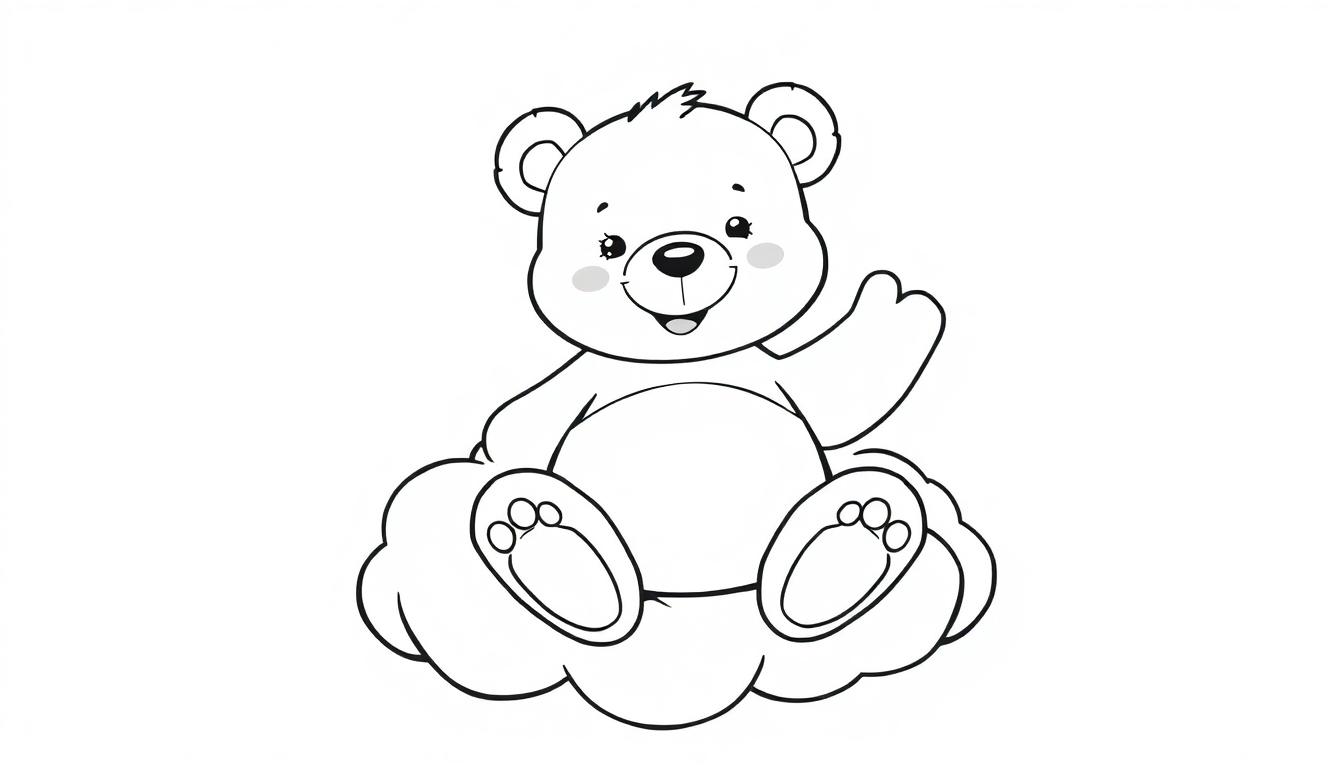 Schwarz-weiße Farbtafel eines niedlichen Comic-Teddybären, der auf einer Wolke sitzt und mit ausgestreckten Beinen winkt.