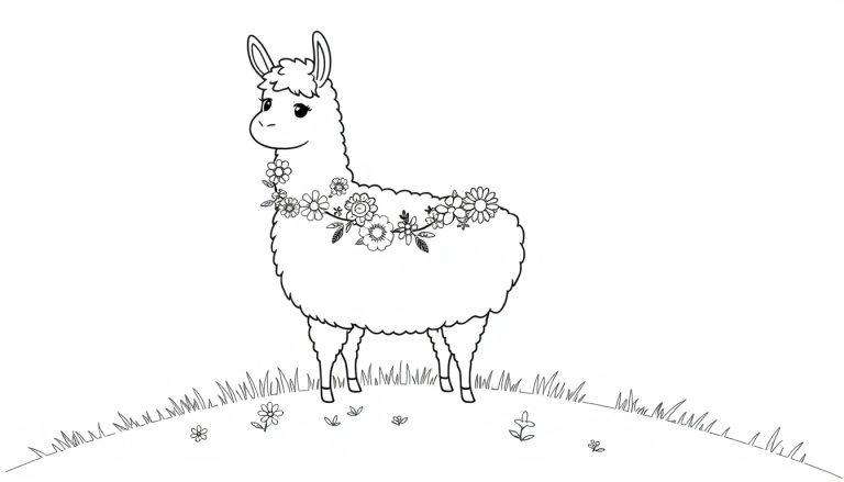 Eine Schwarz-Weiß-Farbtafel eines niedlichen Lamas mit einer Blumen-Girlande um den Hals, stehend auf einem Hügel mit Blumen.