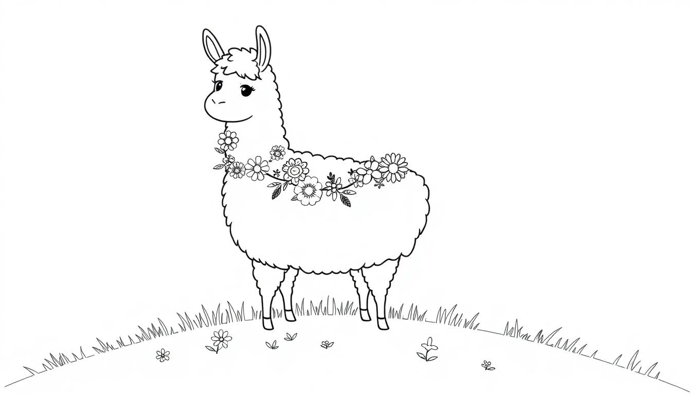 Eine Schwarz-Weiß-Farbtafel eines niedlichen Lamas mit einer Blumen-Girlande um den Hals, stehend auf einem Hügel mit Blumen.