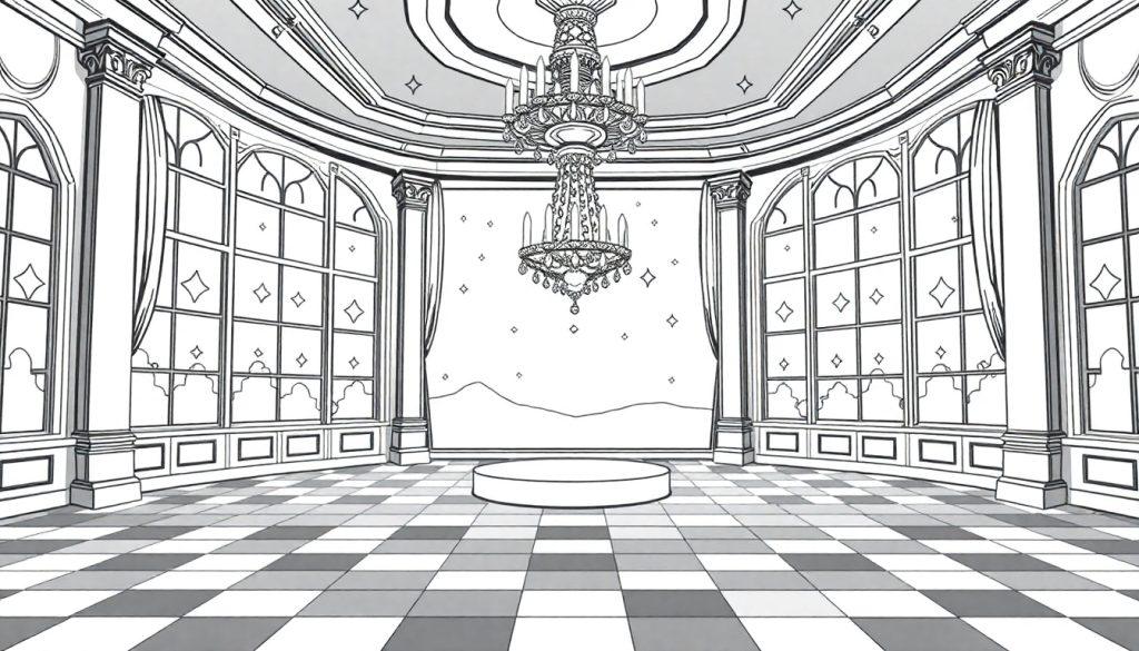 Eine Schwarz-Weiß-Farbtafel zeigt einen Ballsaal für Cinderella mit einem Kronleuchter und Schachbrettfliesen.