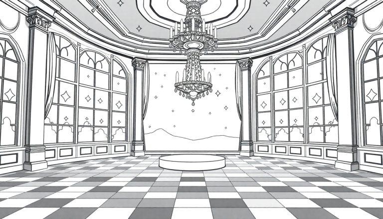 Eine Schwarz-Weiß-Farbtafel zeigt einen Ballsaal für Cinderella mit einem Kronleuchter und Schachbrettfliesen.