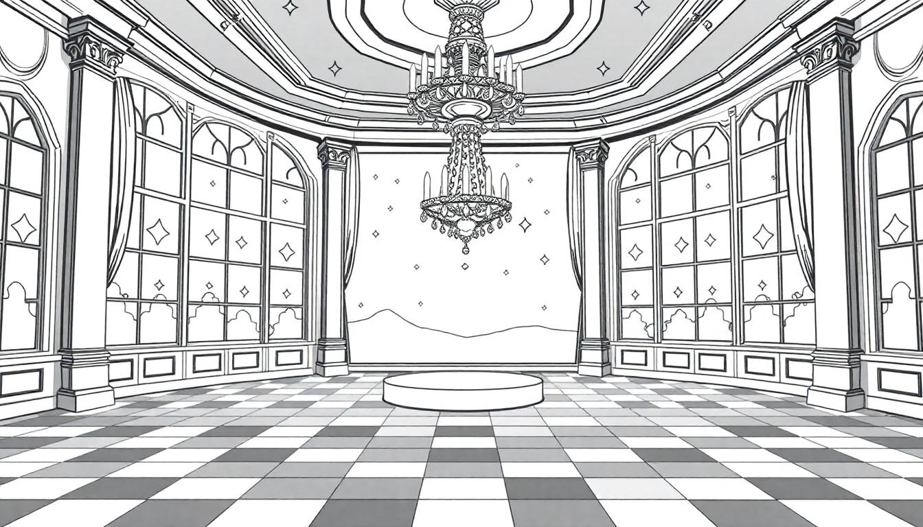 Eine Schwarz-Weiß-Farbtafel zeigt einen Ballsaal für Cinderella mit einem Kronleuchter und Schachbrettfliesen.