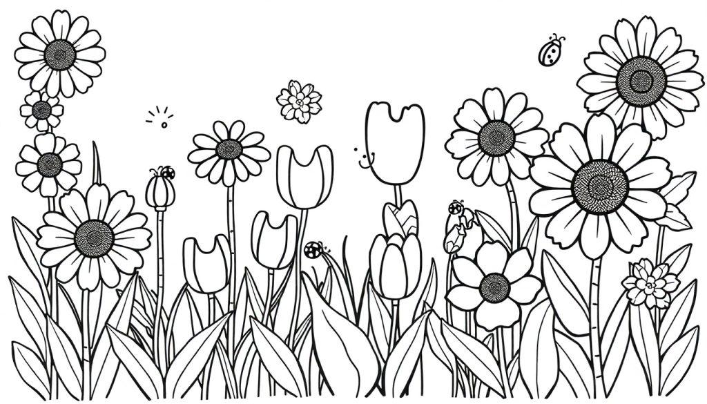 Schwarz-Weiß-Farbtafel einer Blumenwiese mit Gänseblümchen, Tulpen und kleinen Käfern.