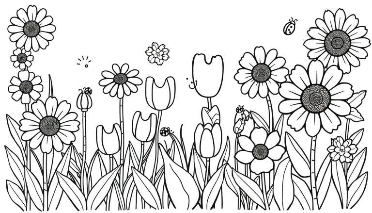Schwarz-Weiß-Farbtafel einer Blumenwiese mit Gänseblümchen, Tulpen und kleinen Käfern.