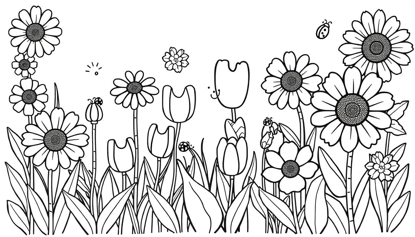 Schwarz-Weiß-Farbtafel einer Blumenwiese mit Gänseblümchen, Tulpen und kleinen Käfern.