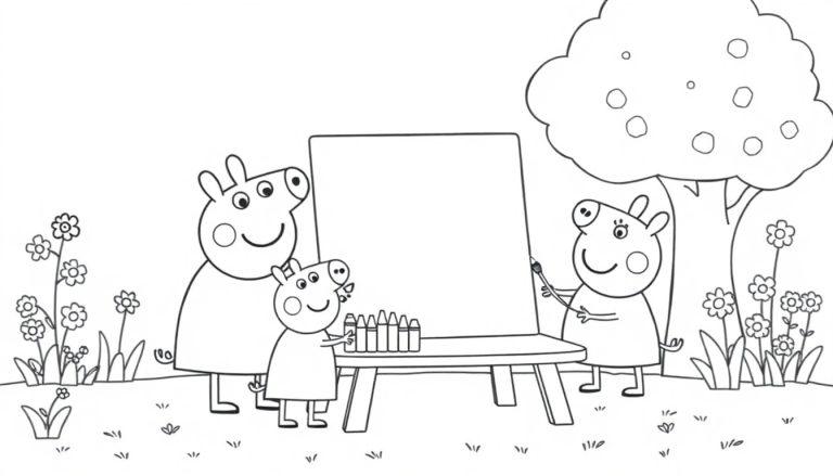 Peppa Wutz und ihre Familie malen ein Bild auf einer Staffelei im Freien, eine Schwarz-Weiß-Farbtafel.