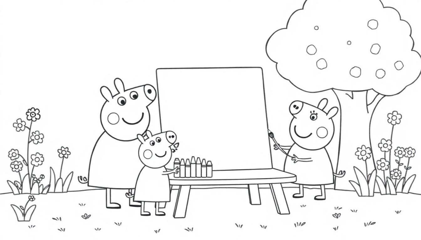 Peppa Wutz und ihre Familie malen ein Bild auf einer Staffelei im Freien, eine Schwarz-Weiß-Farbtafel.